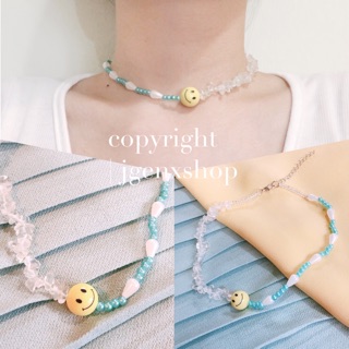 - Smiley Crystal Blue Choker🙂💙 โชคเกอร์ลูกปัดหน้ายิ้ม ประดับลูกปัดหินใสและไข่มุกสีฟ้า -