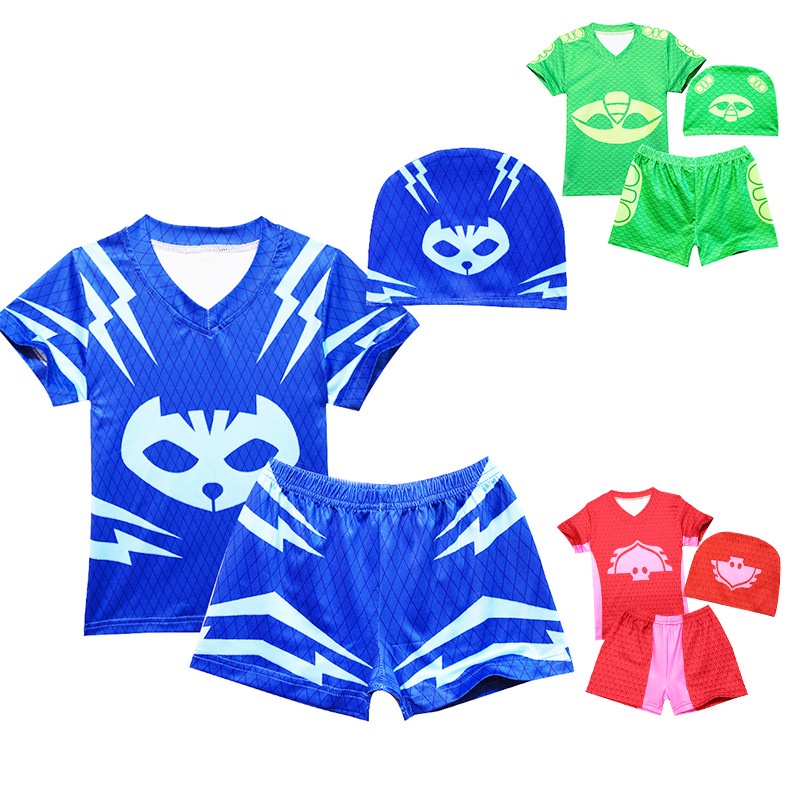 ชุดว่ายน้ํา ชุดคอสเพลย์ เสื้อยืด กางเกง พิมพ์ลายการ์ตูนซุปเปอร์ฮีโร่ PJ Mask เหมาะกับปาร์ตี้ฮาโลวีน 