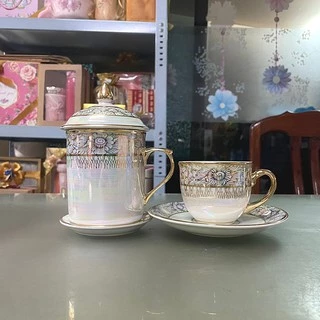 🔥พร้อมส่ง🔥 ชุดแก้วมัคและแก้วกาแฟพร้อมจานรองลายมุก เบญจรงค์ ของขวัญ ของรับไหว้ ของขวัญงานเกษียณ