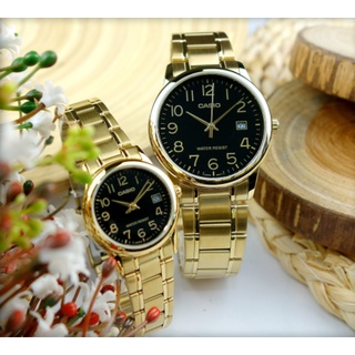 นาฬิกา Casio Set คู่รัก รุ่น MTP-V002G-1B และ LTP-V002G-1B นาฬิกาสายแสตนเลสสีทอง หน้าปัดดำ รับประกันสินค้า 1 ปี