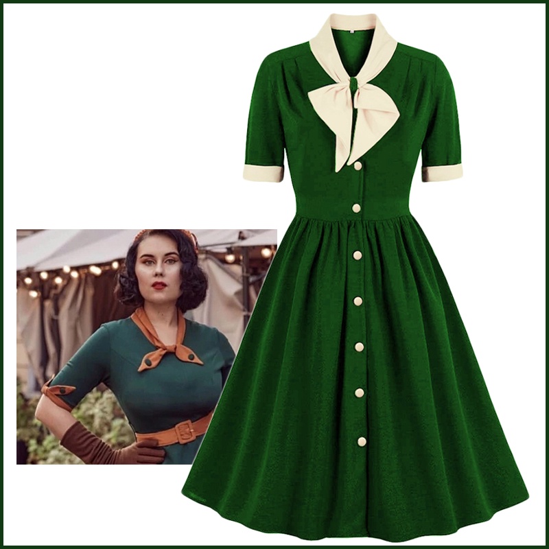 ❥Classy Chic Party Retro Dresses และภาษาฝรั่งเศสคํา Elegant Lady สไตล์ Retro สีขาวและสีเขียว 1950S F