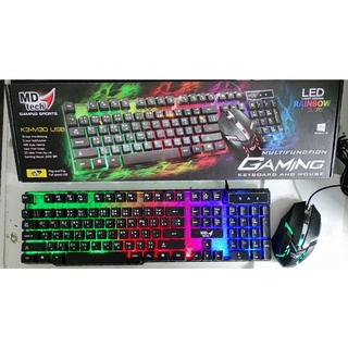 MD tech K3+M30 USB Keyboard+Mouse Combo Set คีย์บอร์ด+เมาส์มีไฟ Rainbow 7 Color เกมส์มิ่ง กันน้ำได้