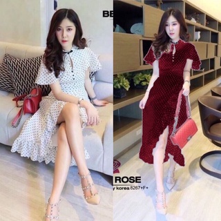 8267 Dress เดรส จุด แต่งระบายหางปลา Dress, dots, fishtail trim