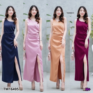 SS16495 Dress เดรสยาว แขนกุด ไหล่เฉียง เว้าเอว ผ่าหน้า