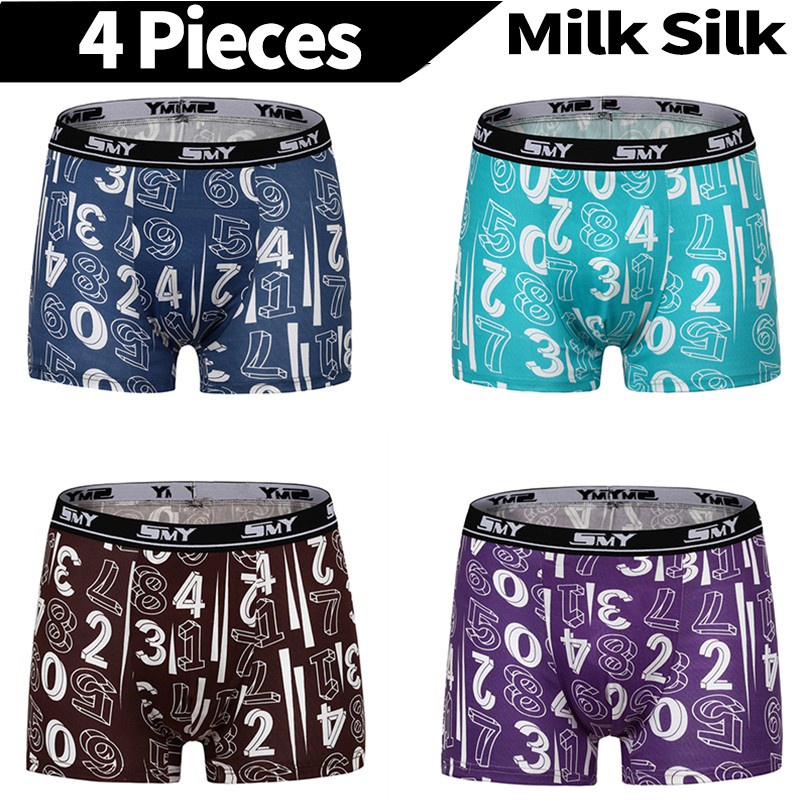 4 PCS In 1 Milk silk Men Boxer Breathable Trunk Underpants Elasticity Underwear Smooth Panties Soft Cool Briefs  Soli