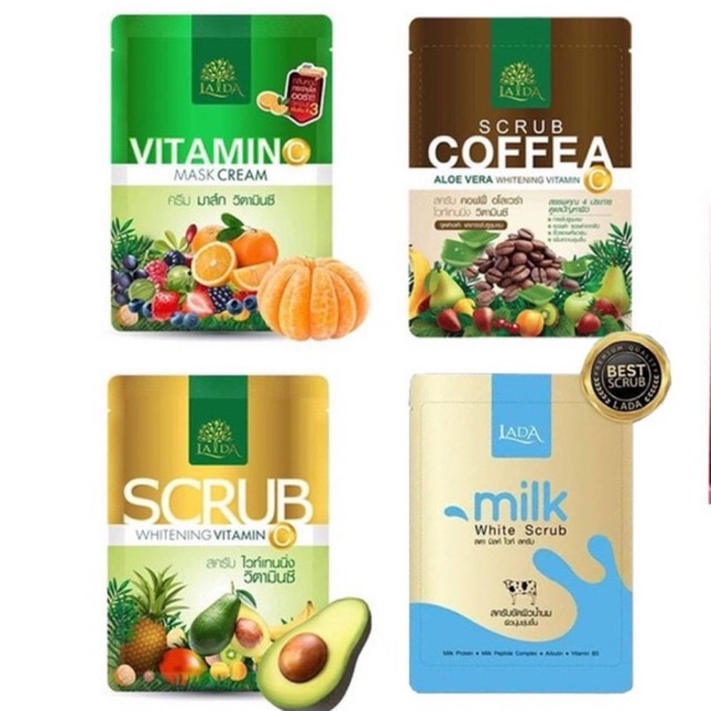 10 ซอง 💚 LADA มาร์คผิวขาว สครับผิวขาว สครับกาแฟ สบู่ทับทิม มาร์คลดา สครับนม สครับนมลดา ลดา