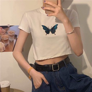 【CHAOYICHU】 BUTTERFLY เสื้อครอปแขนสั้น ลายผีเสื้อ เซ็กซี่ แฟชั่นสำหรับผู้หญิง