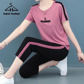 Hc-suha Terno For Teens Summer Beach Gym Outfit Challis Terno Square Pants Terno plus size Overuns Tshirt Jogger Terno For Women ชุดออกกําลังกาย Jogger Pants For Womens Sports Sleeve single suit fashion plus size cropped Pants casual wear สองชิ้น