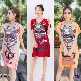 MF11822🍓 Dress เดรสทรงตรงผ้าวูลเวฟ งานพิมพ์ลายกราฟฟิกด้านหน้า งานสวย ใส่สบาย พร้อมส่ง