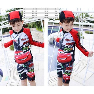 B134 ชุดว่ายนำ้ลายการ์ตูน car เสื้อแขนยาว กางเกงขาสั้น พร้อมหมวก