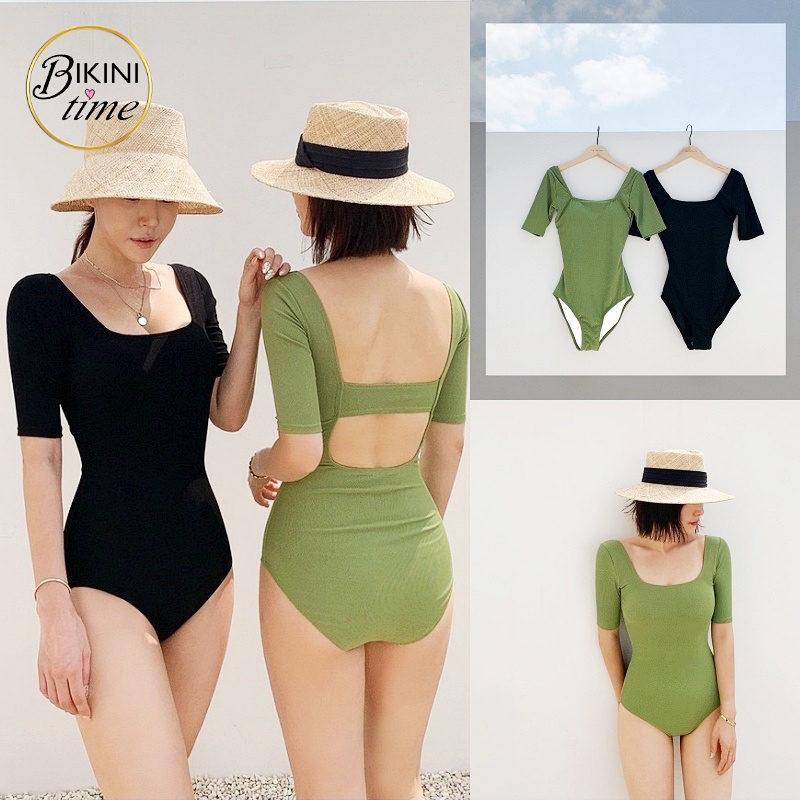 🏖BikiniTime (M-XL) SB189 ชุดว่ายน้ำวันพีซ สีดำแขนสั้น ซิปหน้า มีฟองน้ำเสริม ผ้าว่ายน้ำ บิกินี่ ชุดเที่ยวทะเล