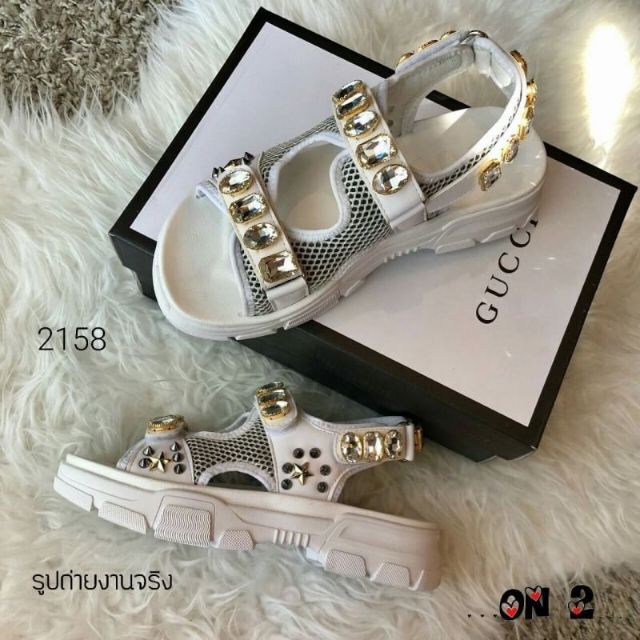 gucci leather and mesh sandal with crystals