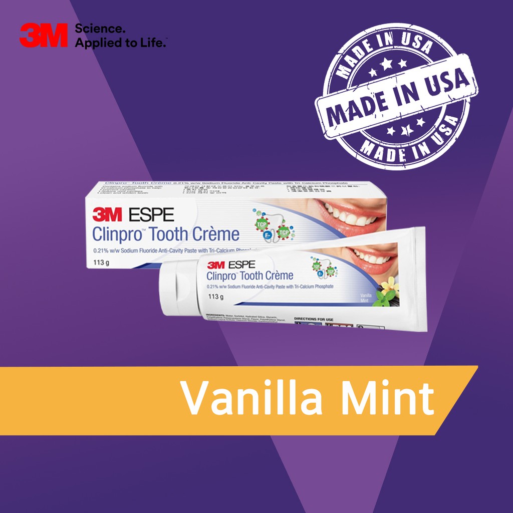 (ฉลากไทย) 3M (3 เอ็ม) ยาสีฟันคลินโปรทูธครีม (รสวานิลลา) สูตรผสมฟลูออไรด์และไตรแคลเซียมฟอสเฟต Exp.2028 Made in USA