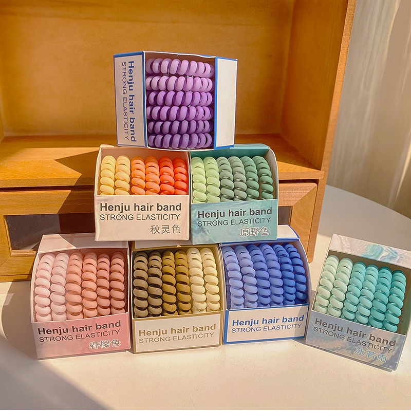 เชือกรัดผมแบบสายโทรศัพท์สีสันสดใส 6 ชิ้น/ชุด เชือกรัดผมแบบไร้รอยต่อ แฟชั่นสำหรับเด็กผู้หญิง ยางรัดผม - รูปที่ 5