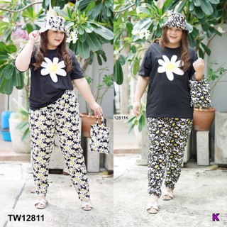 SS12811 Set #BigSize เสื้อแขนสั้น กางเกงขายาว หมวก กระเป๋าผ้า ลายดอกไม้