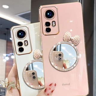 Straight Edge Casing เคส Xiaomi 12 Pro Redmi Note 11 11S 11 Pro 5G 4G Phone Case เคสโทรศัพท with Pearl Butterfly Bow Vanity Mirror Pretty Phone Soft Cover