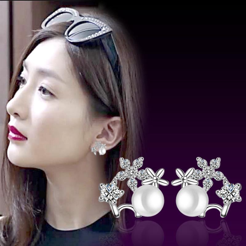 925 เงิน กุณฑล ต่างหู Earrings Korea Pearl Flower หูข้อมือ แฟชั่นผู้หญิง WE56R