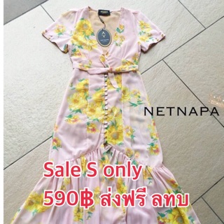 Sale 590 เฉพาะ S ส่งฟรี ลทบ. เดรสทรงยาวคอวีลายดอก