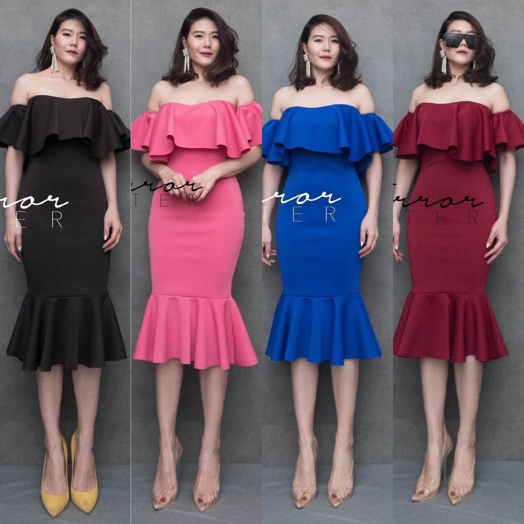 Code no:2003044003-Mirror เดรสทรงแซ่บ เสื้อปาดไหล่แขนระบาย ช่วงอกเว้าสวย มีแถบซิลิโคนที่ขอบเกาะแน่น เข้ารูปช่วงเอว