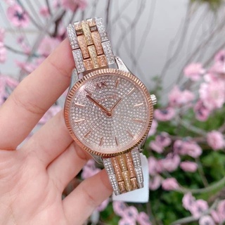 (ผ่อน0%) นาฬิกา Michael Kors Lexington Three-Hand Pavé Tri-Tone Stainless Steel Watch MK6681 36 mm. ประดับคริสตัล