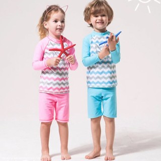 ( L-XXL)ชุดว่ายน้ำเด็กผู้ชาย/ผู้หญิง แขนยาว Enjoy Summer มี2สี ฟ้า/ชมพู   #7111