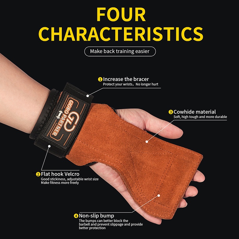 ถุงมือฟิตเนส STRAPS Leather Grip pads & Strap SKDK หนังกลับ สแต๊ป หนังวัว หนังแท้ รัดข้อมือ ถุงมือ เซพข้อ（1คู่）
