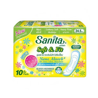 [ต้องสั่งขั้นต่ำ 5 ห่อ] Sanita / แซนนิต้า ผ้าอนามัย ซอฟท์ & ฟิต ผิวสัมผัสนุ่ม แม็กซี่ ไม่มีปีก 24.5 ซม. 10ชิ้น/ห่อ