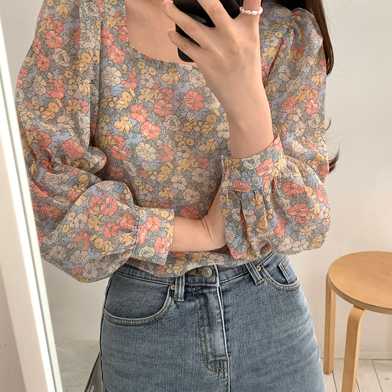 เสื้อเชิ้ตชีฟองแขนยาวลายดอกไม้สไตล์เกาหลีสำหรับฤดูใบไม้ร่วง