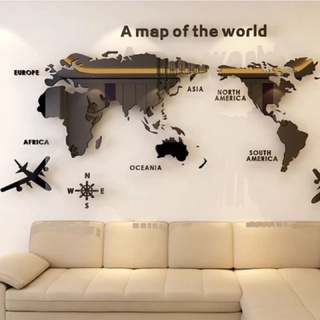 สติ๊กเกอร์ติดผนังอะคริลิค 3D ลายแผนที่โลก A map of the world สีดำ แต่งบ้าน แต่งออฟฟิส แผนที่