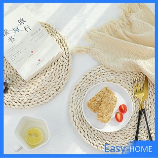 แผ่นรองหม้อสานจากต้น กก สานทรงกลม วัสดุธรรมชาติ ที่รองจาน รองแก้ว Corn husk woven placemat