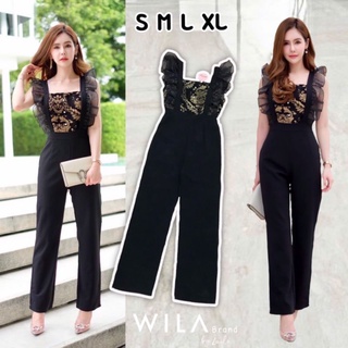 ป้าย​ Wila jumpsuit ขายาวลุคผู้ดี มาในโทนสีดำคมเข้มทั้งชุดตัวเสื้อแต่งแขนระบาย​