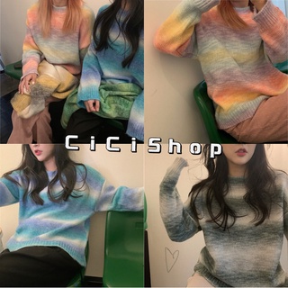 Cicishop((0357)เสื้อสเวตเตอร์ไหมพรมลายทาง ไล่สีน่ารักมาก ผ้าใส่สบายสไตล์เกาหลี