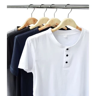 เสื้อแขนสั้น คอกระดุม รุ่นกระดุมดำ [มี 15 สี] ผ้าคอตตอน 100 % ไม่หดไม่ย้วย เสื้อคอจีน เสื้อผู้ชาย เสื้อสีดำ