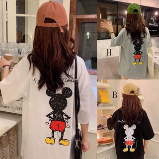 เสื้อยืดลําลองแฟชั่นสําหรับสตรีแขนสั้นลายการ์ตูน Mickey ทรงหลวมสไตล์เกาหลี