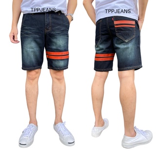 JEANSEXPRESS Mens Shorts Midnight กางเกงขาสั้นชายเหนือเข่า สีมิดไนท์บลูฟอกแถบหนังส้ม งานตัดเย็บอย่างดี Size 28-36