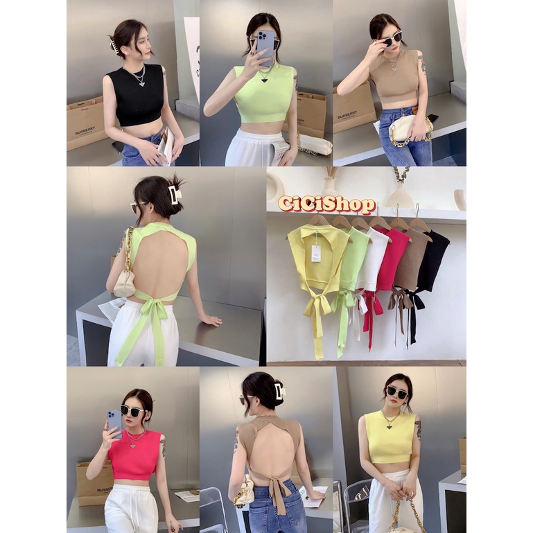 Cicishop(SALE/สุ่มสี 3287)เสื้อครอปไหมพรมknitแขนกุด มีสายผูกเอวเว้าหลัง ทรงสวยแมต์ง่าย