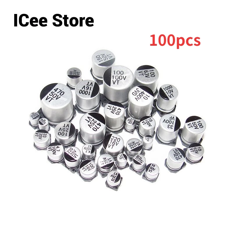 ตัวเก็บประจุอลูมิเนียมไฟฟ้า SMD 10V 16V 25V 35V 50V 10UF 22UF 33U 47UF 100UF 100 ชิ้น