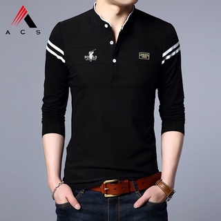 [5 สี] ใหม่แฟชั่นเสื้อโปโลผู้ชายผ้าฝ้ายเบสบอลคอยาวเสื้อยืดเสื้อกีฬาลำลอง