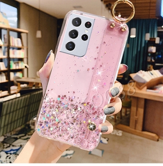 ใหม่ เคสโทรศัพท์มือถือแบบนิ่ม TPU ใส ลายอวกาศ ดาว ระยิบระยับ พร้อมสายคล้องข้อมือ สําหรับ Samsung S21 S21+ S21Ultra 5G Galaxy S21 Plus Ultra 2021