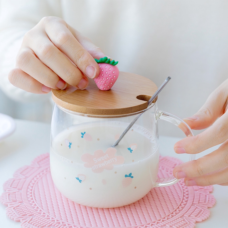 สตรอเบอร์รี่สีชมพูแก้วการ์ตูนสาวน่ารักด้วยหัวใจถ้วยเซรามิกที่มีฝาปิดช้อนแก้วถ้วยกาแฟสร้างสรรค์ - รูปที่ 2