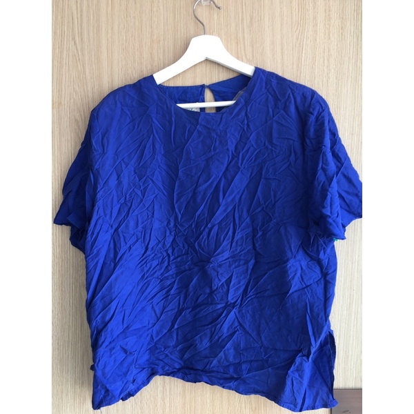100% Silk ไซส์ 18 US อก 42-44 เสื้อทรงวินเทจ คอกลม สีน้ำเงิน cobalt blue ผ้าไหมแท้ ไหมบาง B3