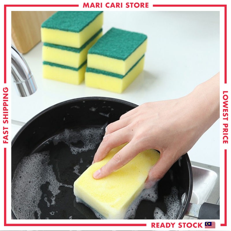 1PCS ฟองน้ําล้างจานฟองน้ําสองด้าน Scouring Pad จานล้าง Basuh Cuci Pinggan Mangkuk Sabut Berspan
