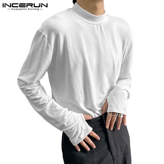 Incerun เสื้อท็อปคอสูงแขนยาวผ้าฝ้ายเรียบง่ายสําหรับผู้ชาย