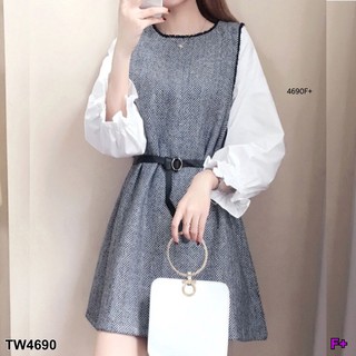 J4690 Dress เดรสแขนตุ๊กตา+เข็มขัด