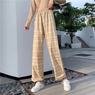 🚀ถูกที่สุด 30สี กางเกงลายสก็อต สไตล์เกาหลี ผู้หญิงเอวสูงยางยืด โอเวอร์ไซต์ทรงกระบอก #355