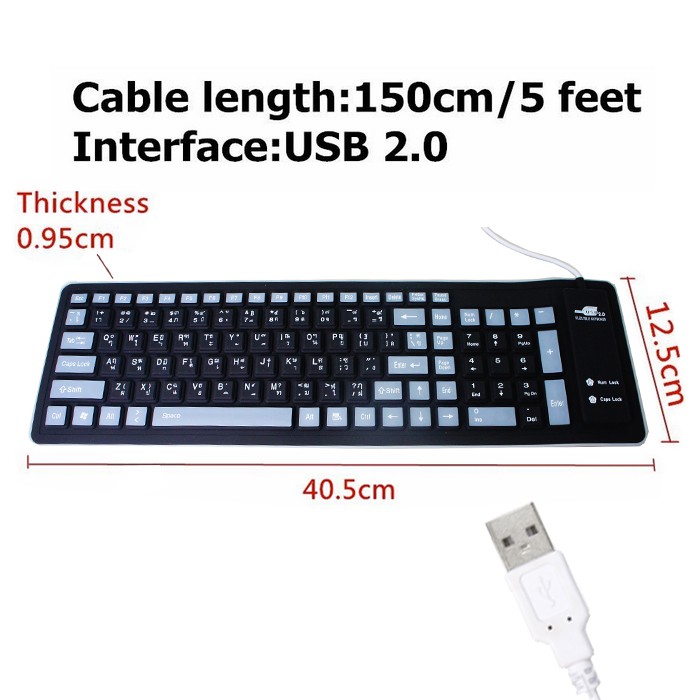  ส่งเร็ว  คีย์บอร์ดยาง ยาว Keyboard Flexible Silicone USB Roll Up Waterproof Silent 103 Keys for Laptop   ม้วน พับ เก็