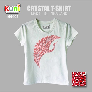 KUNI#K91เสื้อยืดติดเพชรลายนกกระเรียน เสื้อยืดมงคล Crane Bird Rhinestone Bling Tee by kunibrand