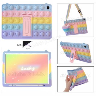 เคสแท็บเล็ต Samsung Galaxy Tab S6 Lite 10.4 2020 SM-P610 P615 Lanyard Rainbow Pattern Soft Silicone Case With Stand 3D Decompression Particle Shockproof Cover