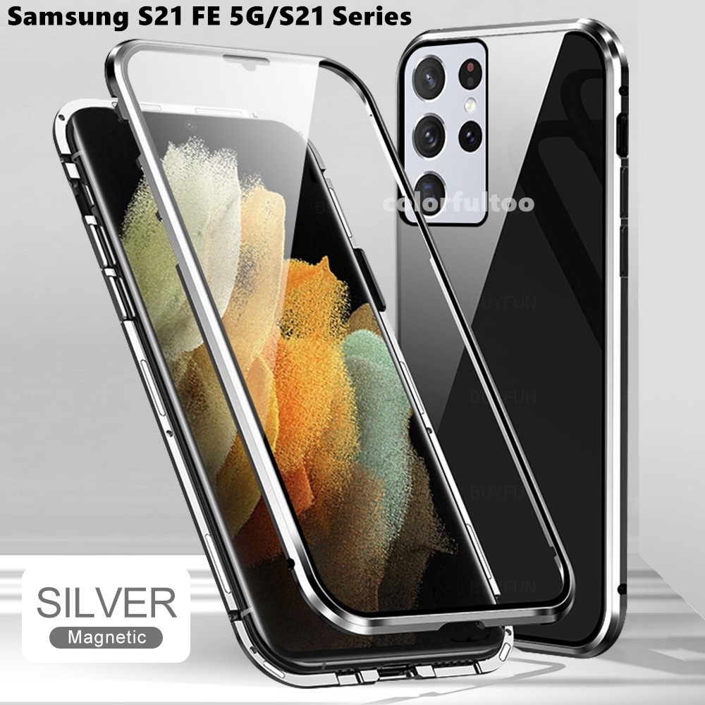 เคสโทรศัพท์มือถือกระจกนิรภัย แบบฝาพับแม่เหล็ก สองด้าน สําหรับ Samsung Galaxy S21 S20 FE S21FE 5G S21 Ultra Plus
