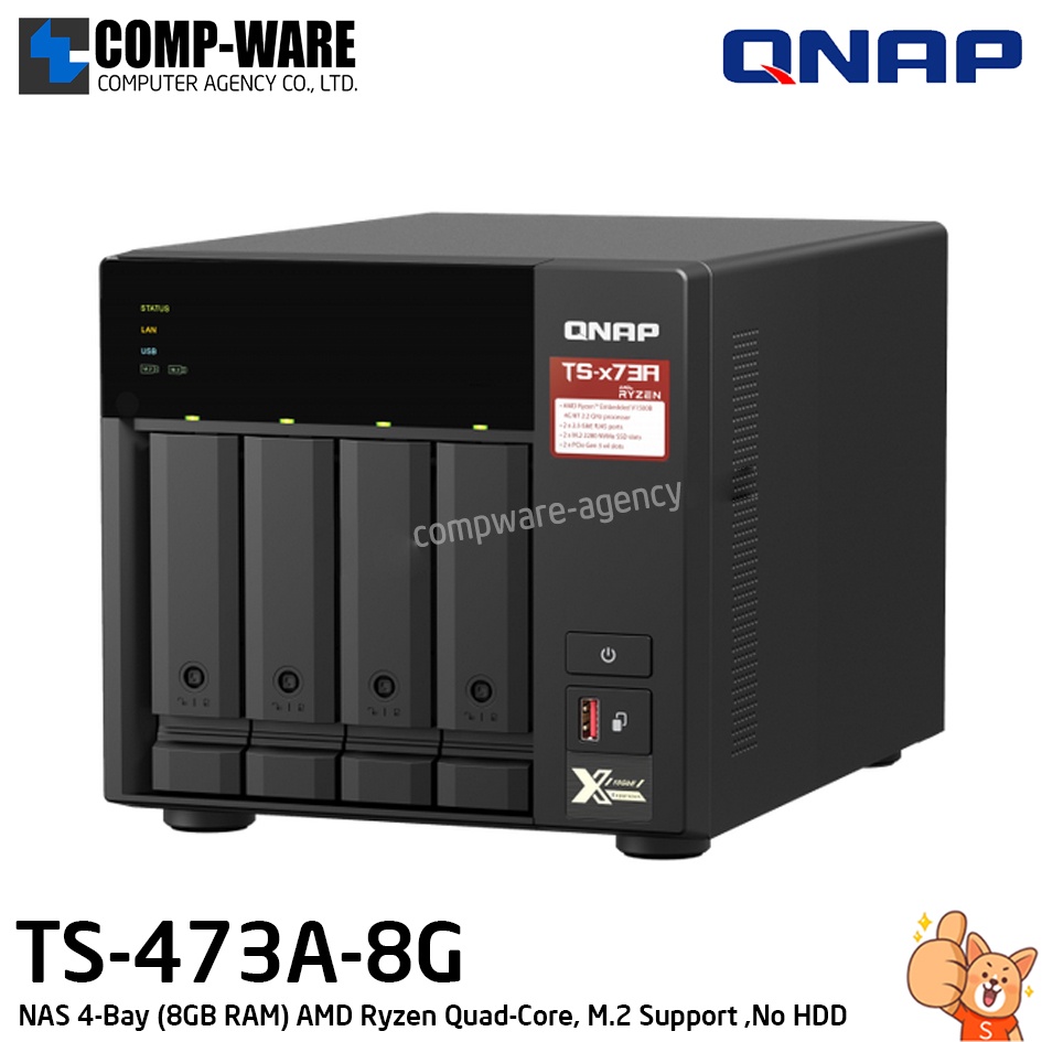 QNAP NAS (4-Bay) TS-473A (8GB RAM up to 64GB) AMD Ryzen V1500B Quad-Core, M.2 Dual-Slot Support ,No 